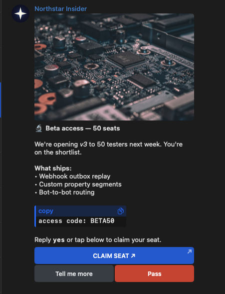 Beta-access broadcast — 50 seats with promo code